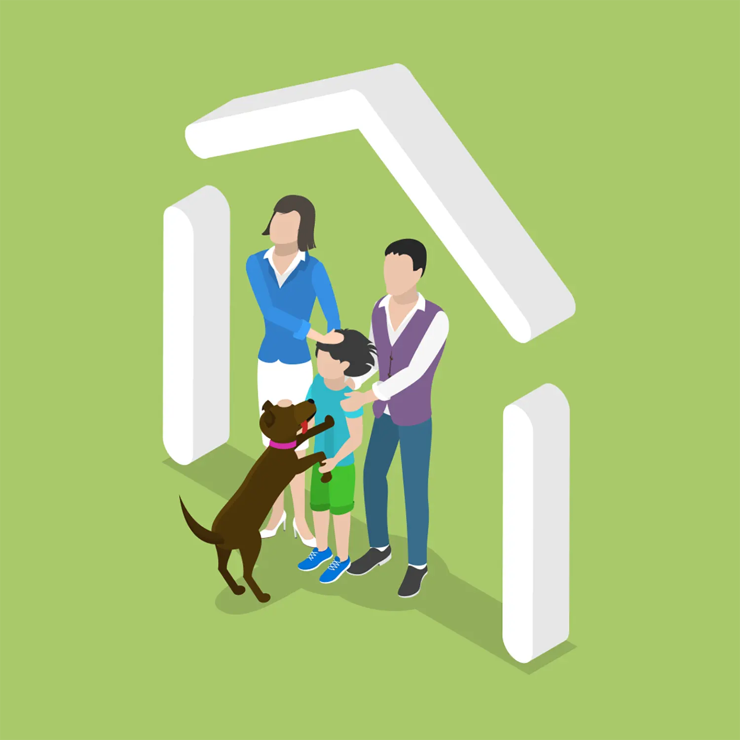Family with dog under house outline
