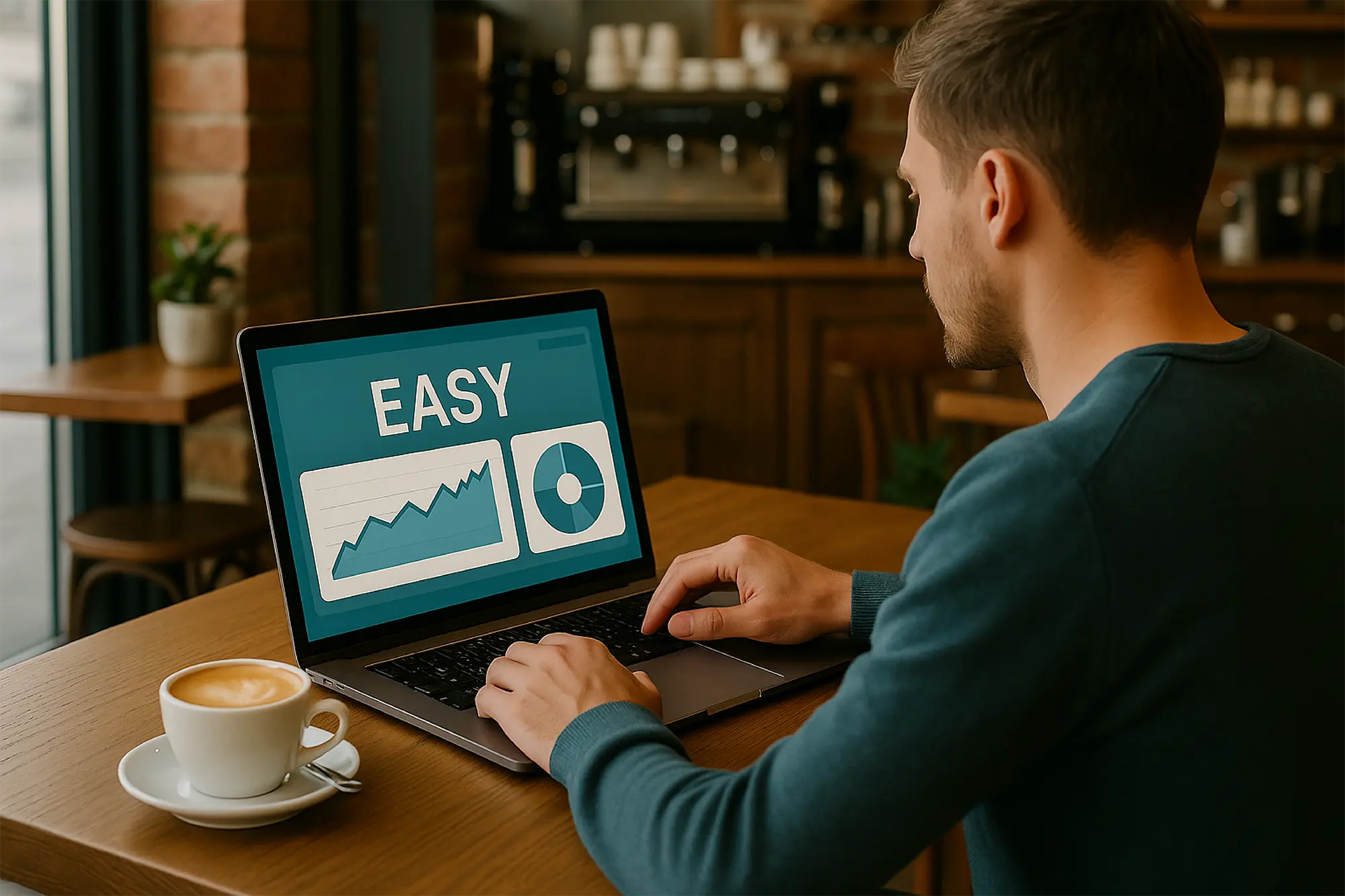 Person working on laptop with graphs.