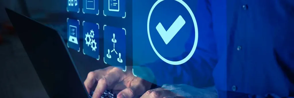 Hands typing with digital interface elements