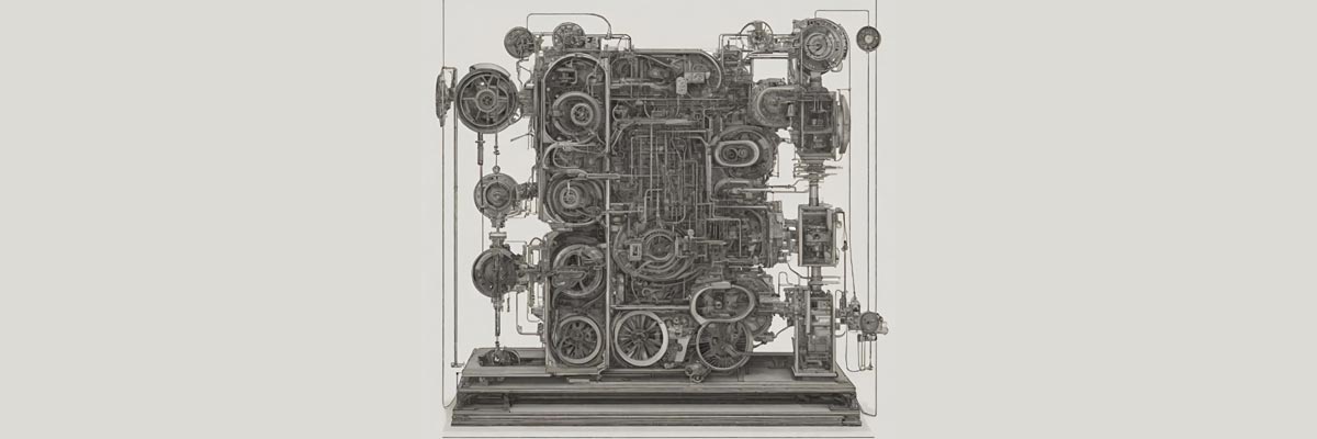 Complex mechanical machinery illustration.