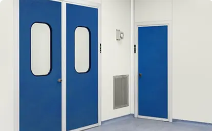 Two blue doors in a hallway
